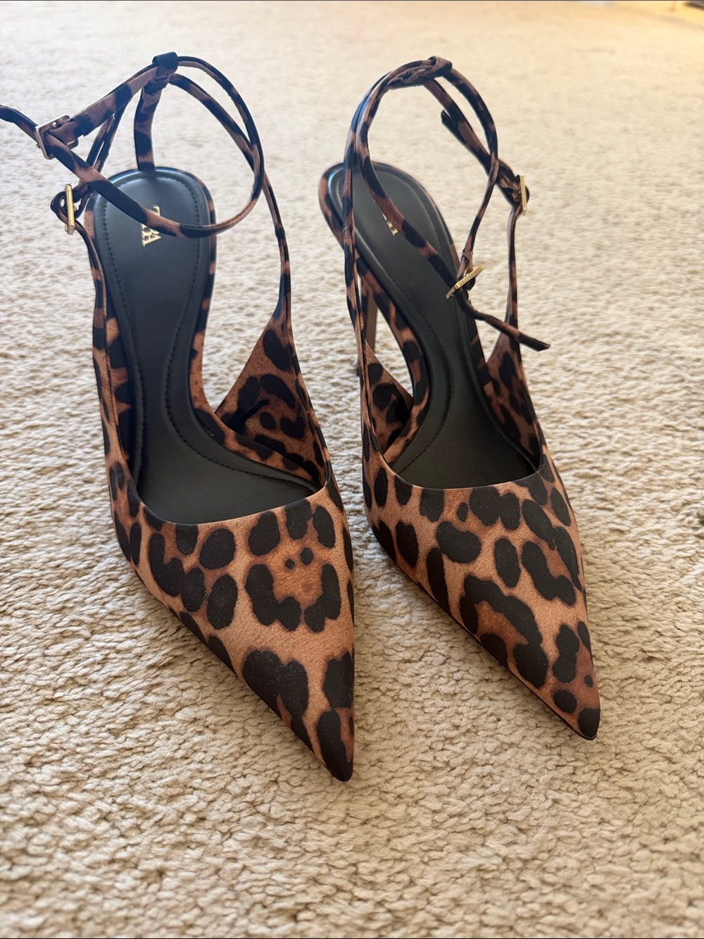 Zara Leopard Print Pointed Slingback Heels - Brown/Black